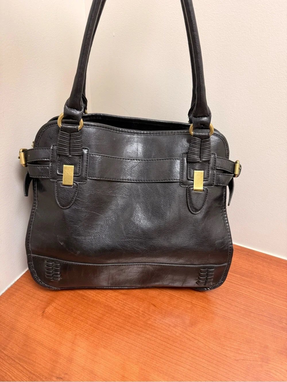 Jessica Simpson Black Satchel Gold Hardware Faux Leather EUC